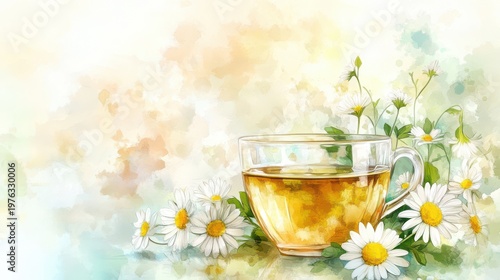 Watercolor illustration of a refreshing glass of golden chamomile tea surrounded by delicate white daisies on a serene, soft background.