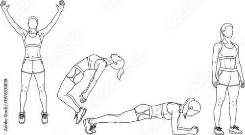 Woman fitness workout sequence showing jumping plank and standing positions line art vector illustration for exercise routine training concept