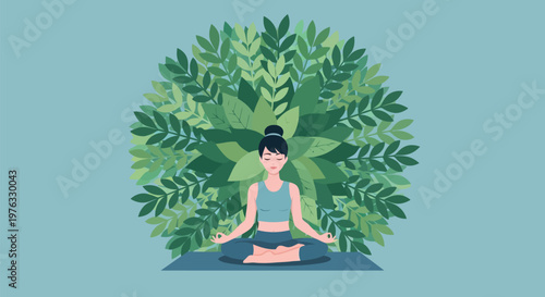 Illustration of woman meditating in a lotus position surrounded by lush green leaves, symbolizing peace, mindfulness, and nature