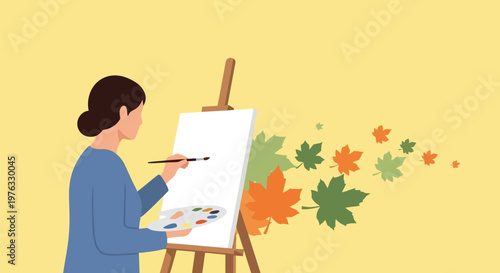 Illustration of artist painting on a canvas with a palette, inspired by autumn leaves floating in the air, creative process