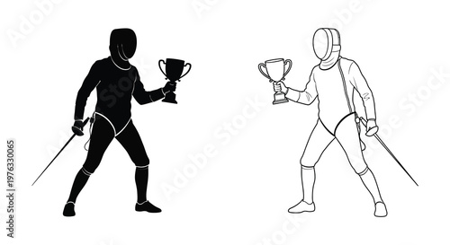 Fencing athletes with trophies depicted in contrasting styles including a silhouette