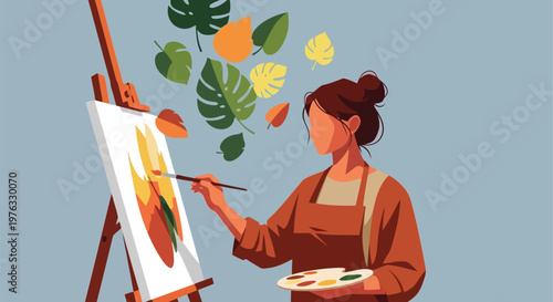 Illustration of artist painting nature inspired artwork on easel with palette in hand, surrounded by floating leaves and plants