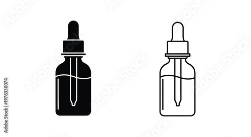 Two dropper bottles one filled displayed in black and white silhouette
