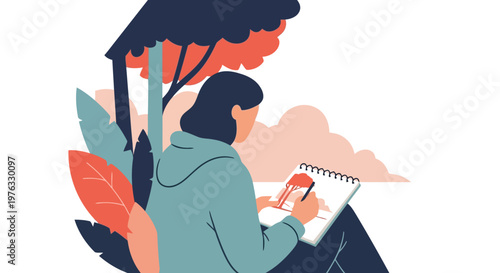 Illustration of artist drawing a picture in a sketchbook outdoors under a tree with colorful leaves and clouds in the background