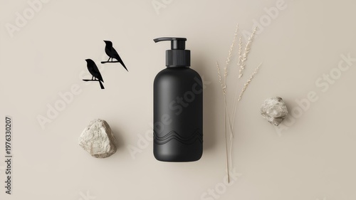 Black Pump Bottle on Pedestal with Natural Elements