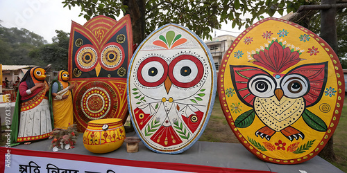 Outdoor exhibit of traditional bengali folk art featuring owl figures and human forms