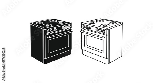 Two electric ranges depicted in a contrasting black and white silhouette