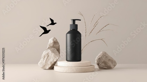 Black Pump Bottle on Pedestal with Natural Elements