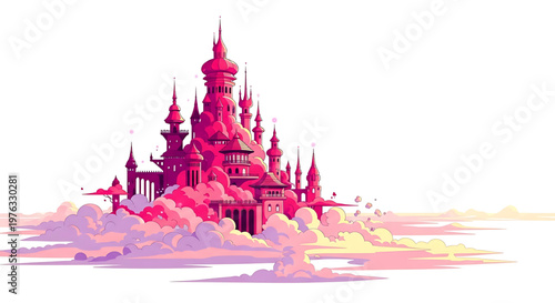 A vibrant pink castle sitting on fluffy clouds in a whimsical vector illustration