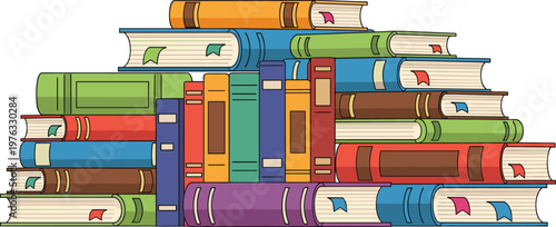 Colorful Book Stack Collection Vector Illustration Featuring Piled Textbooks and Notebooks with Bookmarks for Education Library and Study Design Projects