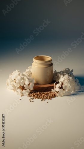 Natural cosmetic cream jar with white flowers on wooden stand