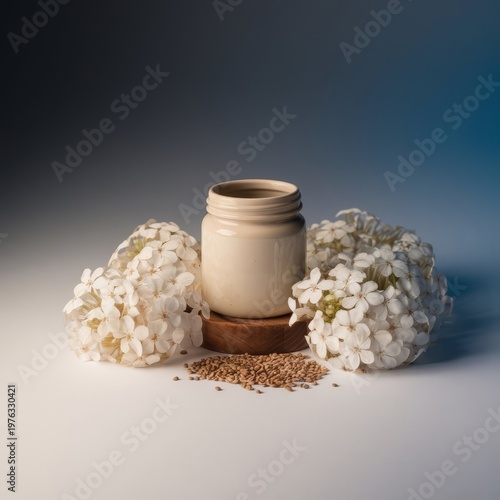 Natural cosmetic cream jar with white flowers on wooden stand