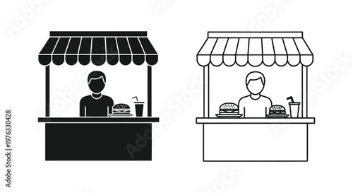 Two market stall icons featuring a vendor and food black and white silhouette
