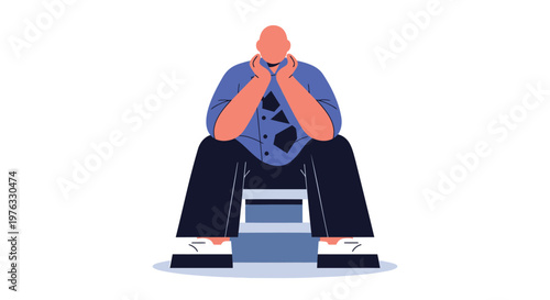 Frustrated businessman sitting on toilet, stressed man, bathroom anxiety, vector illustration