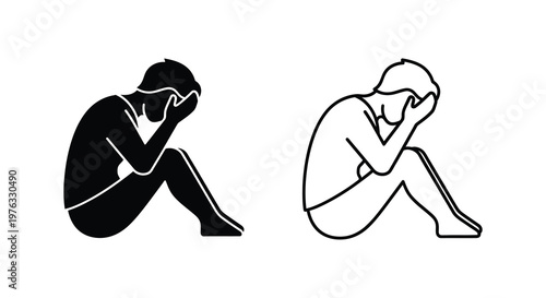 Two depictions of a person grieving seated and covering their face silhouette