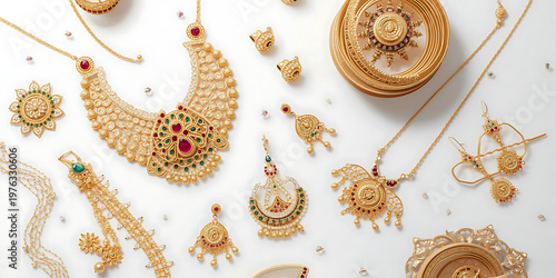 Collection of traditional indian gold jewelry with ornate designs, white background