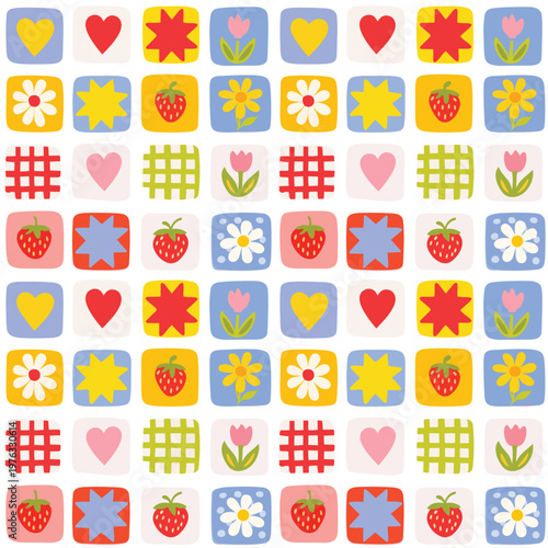 Cute Mosaic Modern Geometric Checkered Heart Strawberry Flower Floral Pattern Repeat Background Colorful Check Vector Print