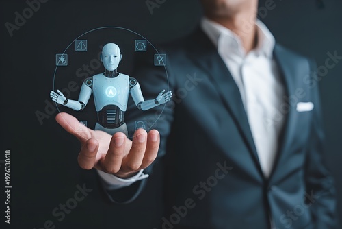 Business professional presenting AI technology interface digital innovation futuristic corporate transformation concept