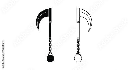 Two kusarigama weapons depicted in a striking black and white silhouette