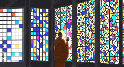 A serene monk standing in front of a vibrant stained glass window in a peaceful church