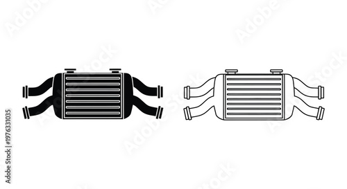 Two intercooler designs in black and white a technical illustration silhouette