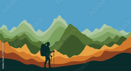 Illustration of silhouette of a hiker with a backpack and trekking poles stands on a mountain ridge, overlooking a vast landscape of layered, colorful mountains under a clear blue sky