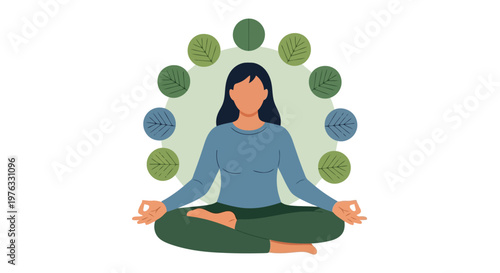 Illustration of woman meditating in lotus position with green circles and leaves symbolizing nature and balance, isolated on