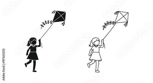 Children flying kites depicted in a minimalist black and white silhouette high quality