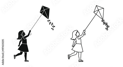 Two children flying kites depicted in a striking black silhouette