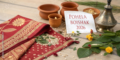 Pohela boishakh 2026 cultural setup with traditional red fabric, clay ritual items