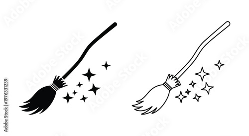 Two whimsical witch brooms with sparkling stars a black and white silhouette