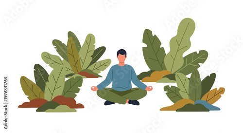 Illustration of man meditating in lotus position surrounded by lush green foliage, isolated on