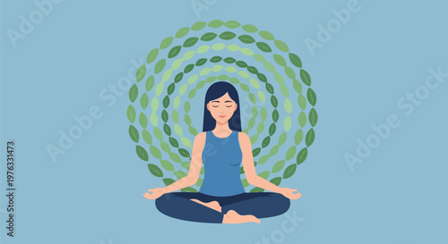Illustration of a woman meditates peacefully in a lotus position, surrounded by a calming, concentric pattern of green leaves