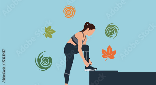 Illustration of woman tying shoelaces on steps with autumn leaves and swirling wind symbols around her