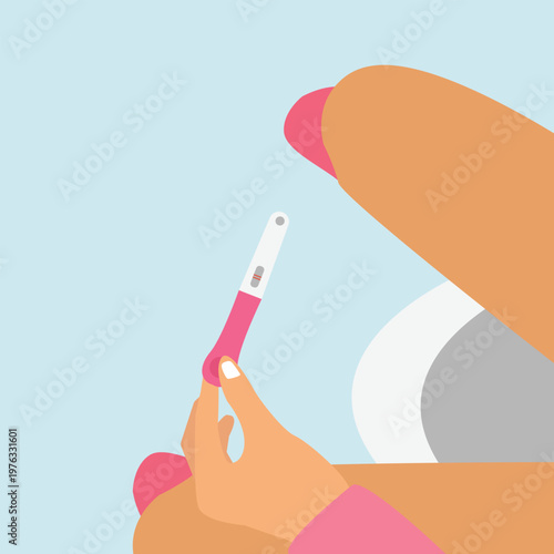 Female is holding a pregnancy test with positive result as a two lines. Planning a baby, motherhood and healthcare concept. vector illustration
