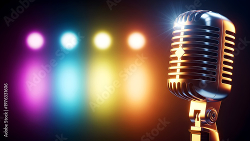 Vintage microphone on colorful bokeh stage lights background