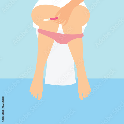 Female is holding a pregnancy test with positive result as a two lines. Planning a baby, motherhood and healthcare concept. vector illustration

