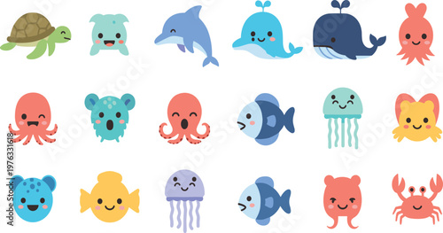 Cute Marine Animal Icons Set Featuring Turtle Dolphin Whale Octopus Jellyfish Crab and Fish for Kids Ocean Cartoon Illustration Design.