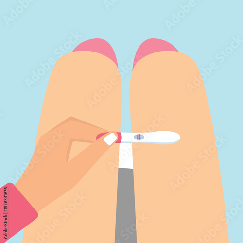 Female is holding a pregnancy test with positive result as a two lines. Planning a baby, motherhood and healthcare concept. vector illustration
