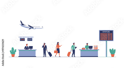 Airport Check-in, Travelers, Flight Schedule Board, Airplane, Airport Staff, Luggage