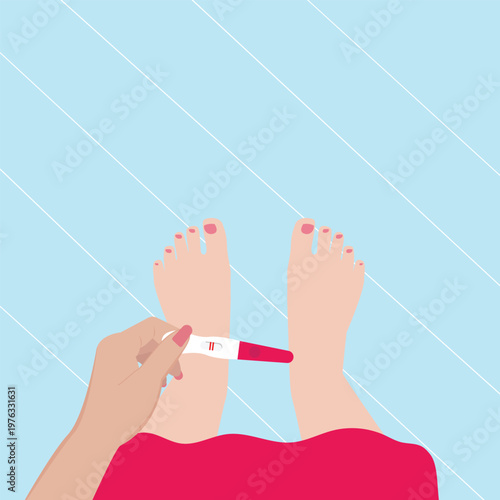 Female is holding a pregnancy test with positive result as a two lines. Planning a baby, motherhood and healthcare concept. vector illustration
