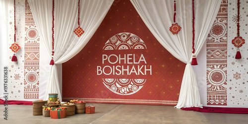 Pohela boishakh stage decoration with traditional bengali new year motifs, south asia