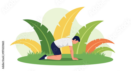 Illustration of man in white shirt and dark shorts on hands and knees in green grass with large tropical leaves behind him
