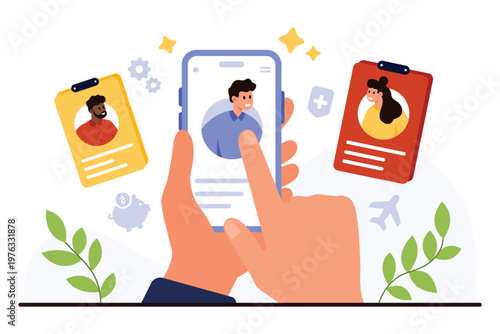 Human resources mobile interface showing candidate profiles, digital recruitment, and job selection on isolated white background, ideal for modern hiring and employment solutions vector illustration