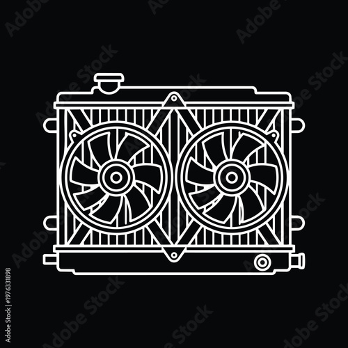 White Line Art Dual Fan Car Radiator Vector Icon 
