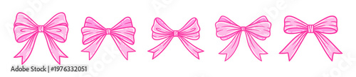 Coquette charming bows set. Cute pink tied ribbons, hand drawn illustration. Ideal for birthday, wedding, Valentine's gift in vintage style, baby shower decoration, girl romantic design.