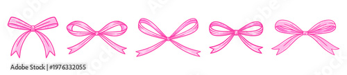 Coquette bows set. Charming pink tied ribbons, hand drawn illustration. Ideal for birthday, wedding, Valentine's gift in vintage style, baby shower decoration, girl romantic design. Doodle retro lace.