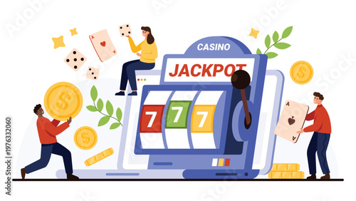 People celebrating big win at online casino slot machine with jackpot, playing cards, dice, gold coins, and chips on isolated white background vector illustration