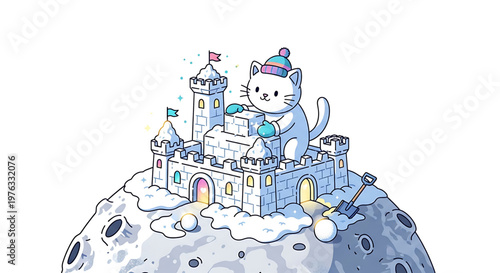 A whimsical cartoon cat wearing a winter hat stands on a moon with a castle in the background