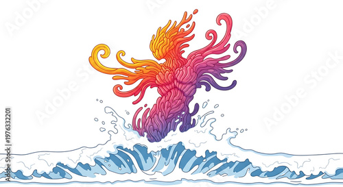 A vibrant, colorful phoenix emerges from the ocean waves in a stunning vector illustration